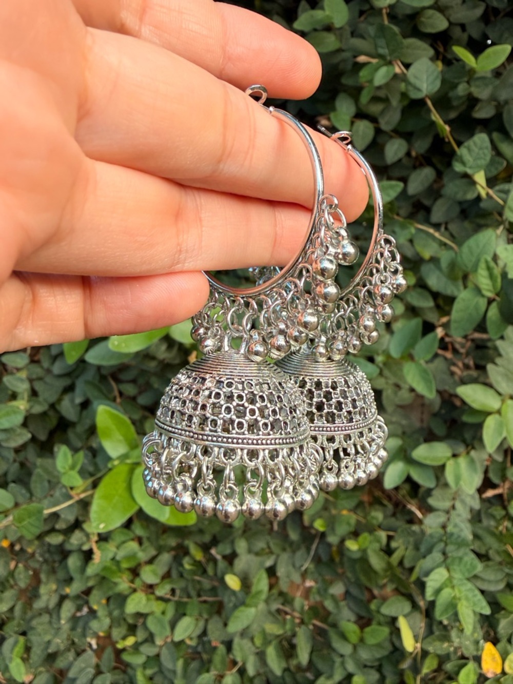 Silver Jhumka Hoop Earrings - Traditional Indian Style - Picture 3 of 6